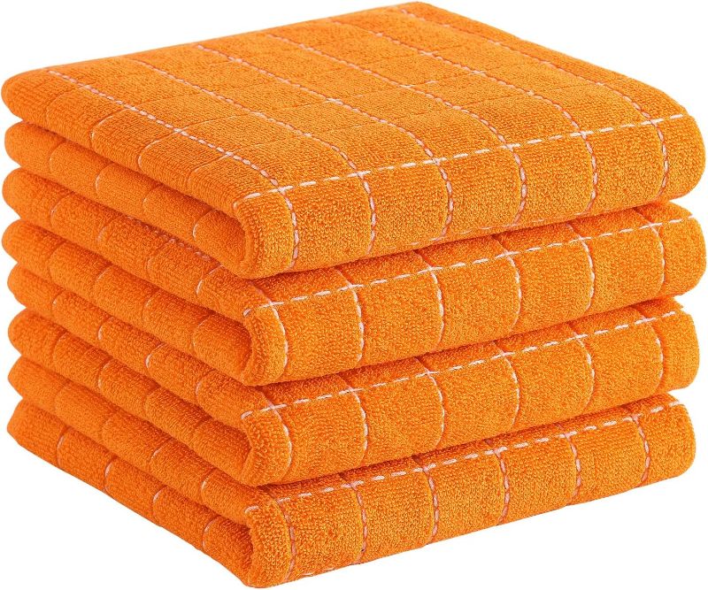 Photo 1 of 100% Cotton Terry Kitchen Towels(Orange, 13 x 28 inches), Checkered Designed, Soft and Super Absorbent Dish Towels, 4 Pack