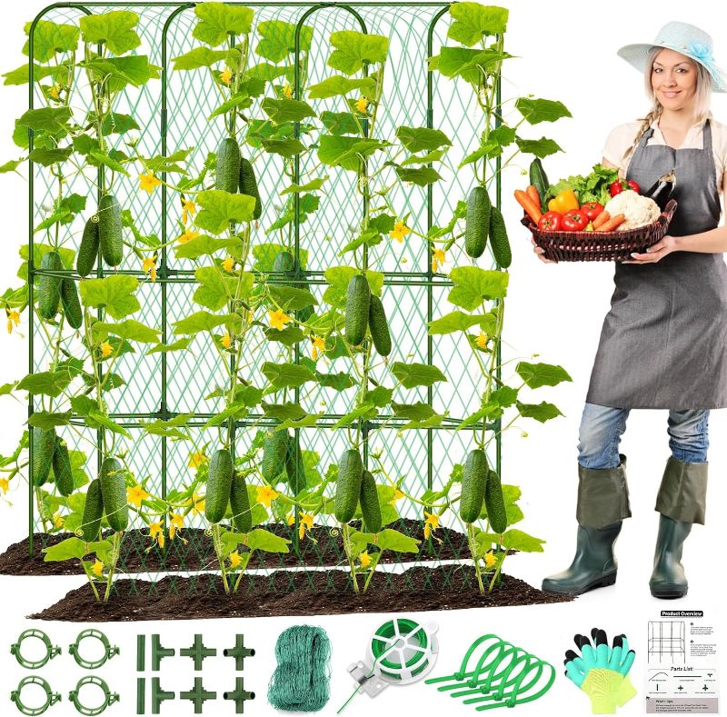 Photo 1 of Cucumber Trellis for Raised Bed, Tall Metal Garden Trellis for Climbing Plants Outdoor with Netting, Gloves, Garden Tools, Trellis for Vegetables Plant Support Peas Fruit Flower Grape