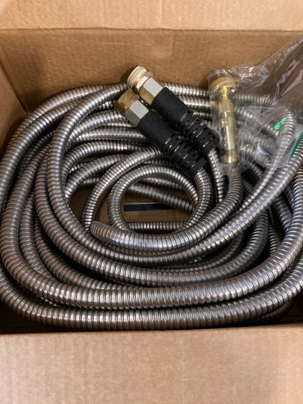 Photo 2 of Sturdy 25ft Metal Garden Hose - 304 Stainless Steel, Flexible & Kink-Free, UV Resistant, All-Weather, Includes High-Pressure Brass Nozzle - Ideal for Home & Outdoor Use