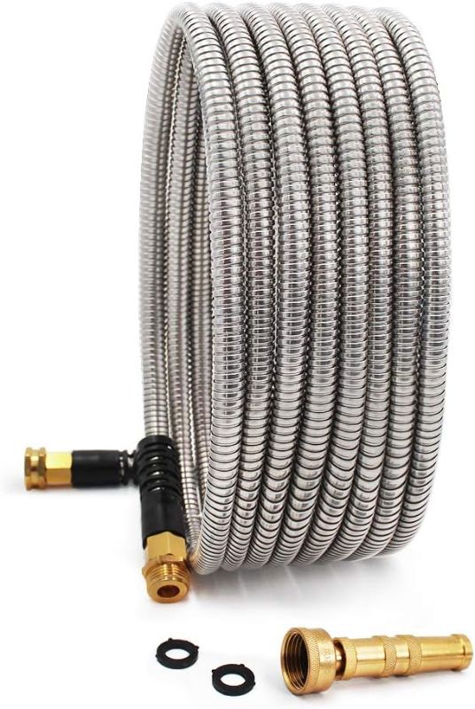 Photo 1 of Sturdy 25ft Metal Garden Hose - 304 Stainless Steel, Flexible & Kink-Free, UV Resistant, All-Weather, Includes High-Pressure Brass Nozzle - Ideal for Home & Outdoor Use