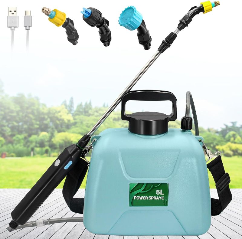 Photo 1 of .35 Gallon/5L Battery Powered Sprayer, Electric Sprayer with USB Rechargeable Handle, Portable Garden Sprayer with 23.6" Telescopic Wand, 3 Mist Nozzles and Adjustable Shoulder Strap