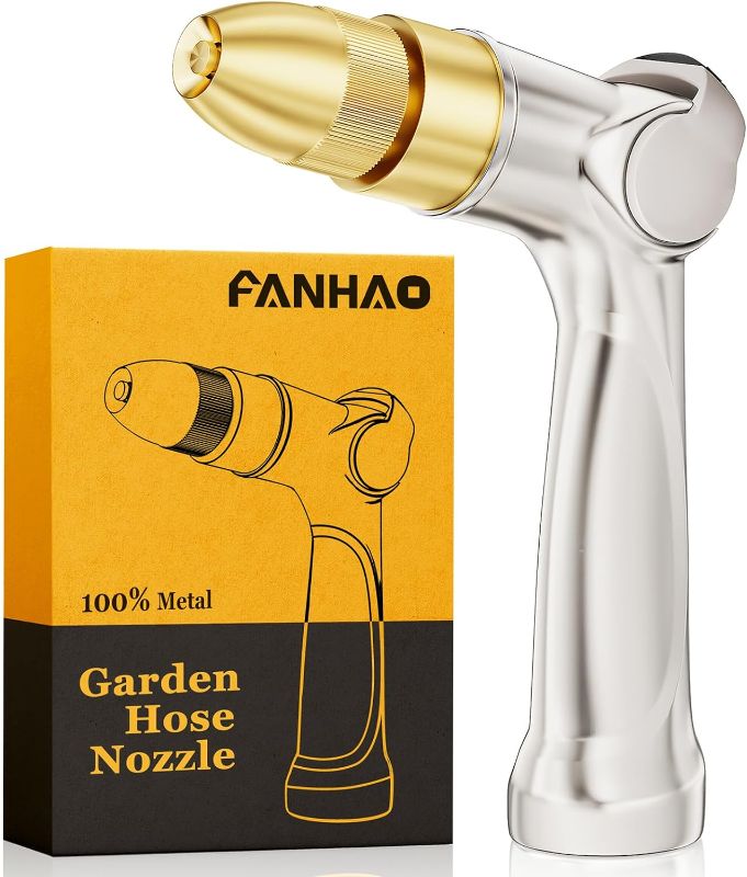 Photo 1 of FANHAO Professional Heavy Duty Garden Hose Nozzle, 100% Metal Thumb Control Water Nozzle with Brass Tip, High Pressure Adjustable Water Hose Sprayer for Lawn & Plant Watering, Car & Pet Washing