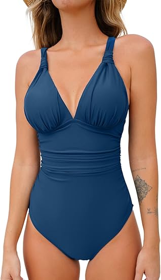 Photo 1 of Medium CUPSHE Women One Piece Swimsuit Deep V Neck Tummy Control Ruched V Back Classic Bathing Suits