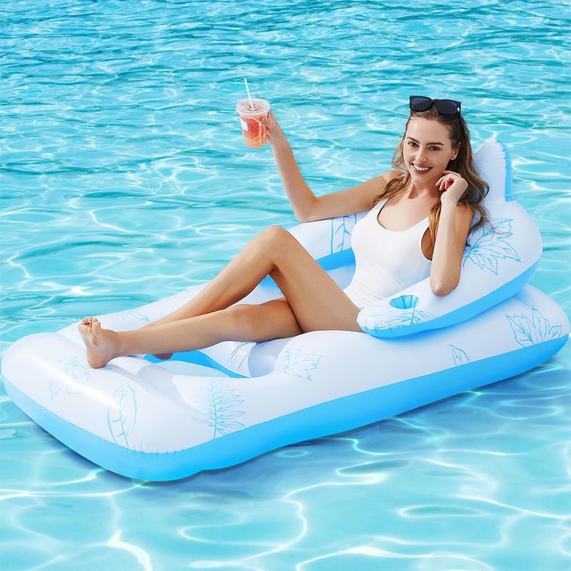 Photo 1 of Inflatable Pool Lounger Float Adult, BAIAI Tanning Pool Lounger Float with Cup Holders Water Pool Chair Floats with Headrest, Backrest & Footrest Blow Up Summer Beach Floaties Cool Pool Party Toys