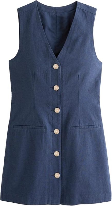 Photo 1 of Medium Womens Cotton Linen Vest Mini Dress Casual Button Down Sleeveless V Neck Short Tops with Pockets