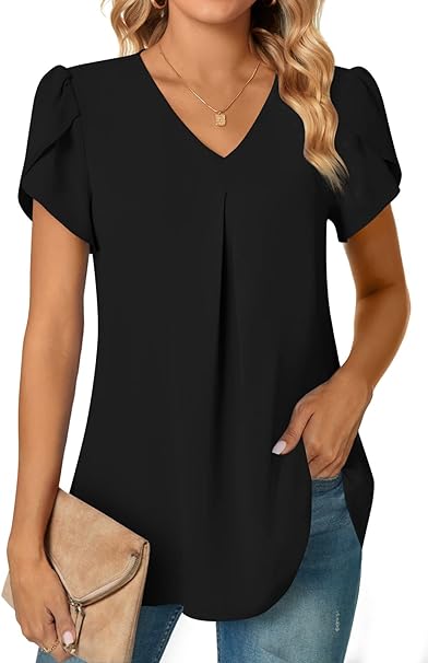 Photo 1 of Large Anyally Women's Plus Size Summer Dressy Chiffon Blouses Short Sleeve V Neck Tunic Tops for Leggings Casual T-Shirts