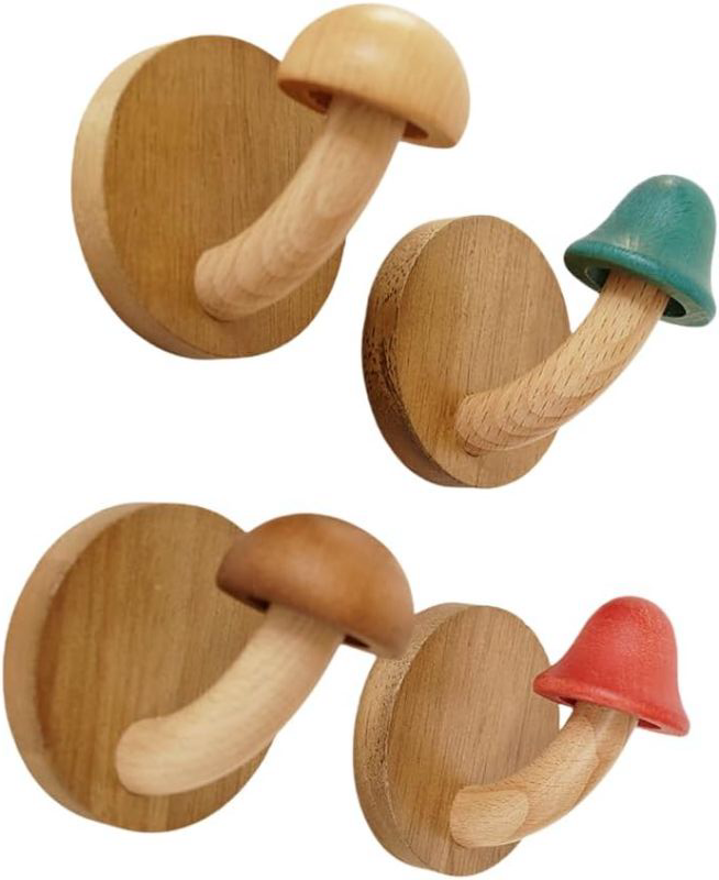 Photo 1 of 4 Pcs Mushroom Wall HooksWooden Mushroom Wall Hooks, No Punch Wall Hooks, for Hanging Towels Hats Coats