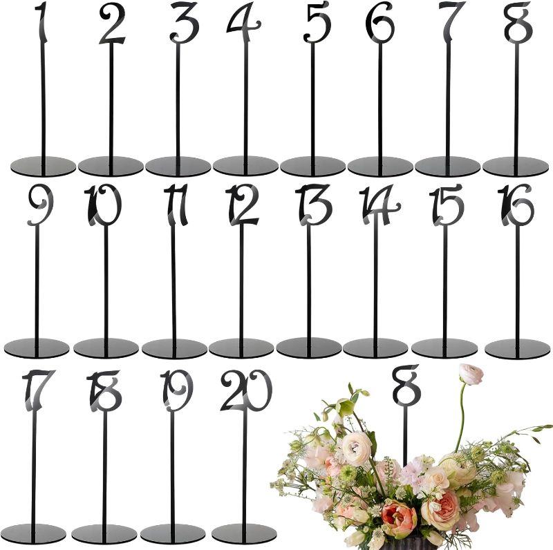 Photo 1 of 20 Pcs Acrylic Table Numbers 1-20 Wedding Table Numbers with Stands Party Table Number for Wedding Reception Anniversary Party Baby Bridal Shower Restaurant Banquet (Black)