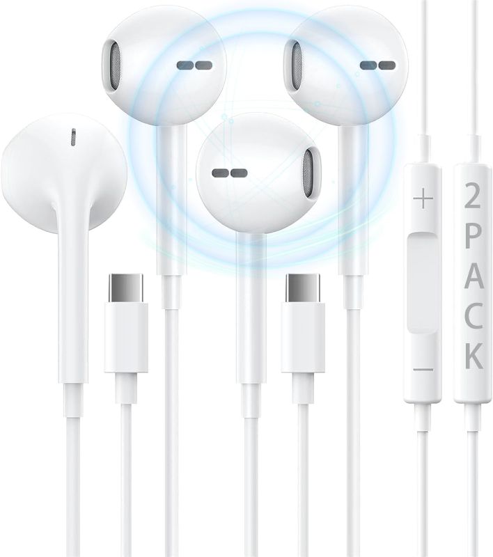 Photo 1 of 2 Pack USB C Headphones for iPhone 15, Type C Earbuds Wired with Microphone & Volume Control HiFi Stereo Earphones for iPhone 15 Pro Max/15 Pro/15, iPad Pro, Most USB C Jack Devices