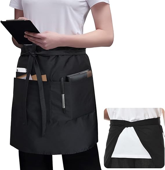 Photo 1 of ROTANET Server Apron Black with 3 Pockets 22 Inch Long Waiter Waitress Bistro Half Waist Aprons for Women Men Waterproof