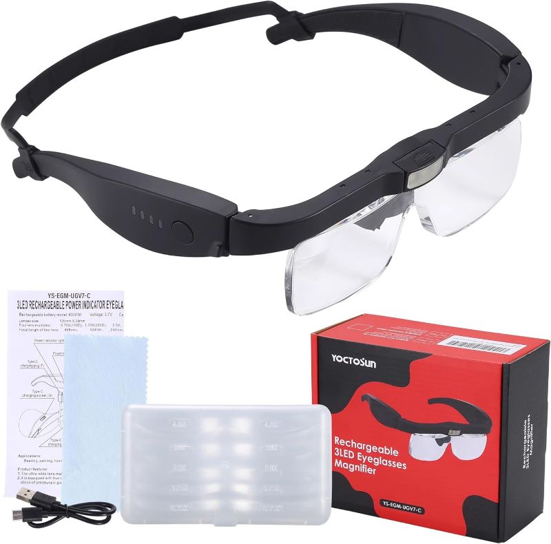 Photo 1 of YOCTOSUN Magnifying Glasses with Light, Head Magnifier Glasses with 3 LED Lights and Detachable Lenses 0.75X, 1.25X,2.0X, 3.0X and 4.0X, Eyeglasses Magnifier for Hobby, Crafts, Reading and Close Work