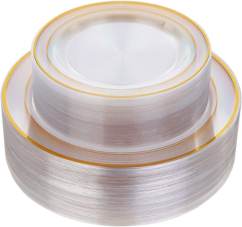 Photo 1 of 96 Pcs Plastic Gold Plates, Gold Disposable Plates Includes: 48 Dinner Plates 10.25" and 48 Dessert Plates 7.5 ", Premium Clear Plate Prefect for Wedding, Clear gold plates and salad for Party