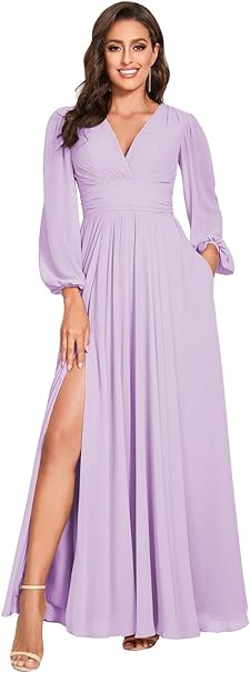 Photo 1 of Size 8 - Women's V-Neck Bridesmaid Dresses with Long Sleeves Split Pleats Chiffon Formal Evening Party Dress for Wedding VT001