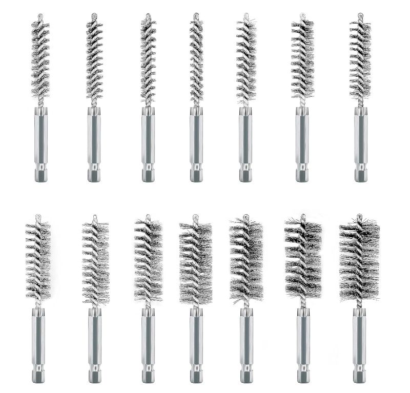 Photo 1 of ASNOMY 14Pcs Stainless Steel Bore Brush,5/16"-1" Stainless Steel Bristles Wire Brush Bore Cleaning Brush Set for Power Drill Cleaning, Abrasive Wire Brush with 1/4" Hex Shank