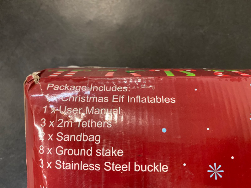 Photo 2 of Package Includes:
1X Christmas Elf Inflatables
1X User Manual
3X 2m Tethers
2X Sandbag
8X Ground Stake
3X Stainless Steel Buckle