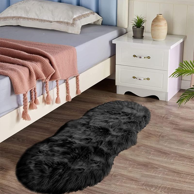 Photo 1 of Latepis Black Faux Sheepskin Rug 2x4 Shag Rug for Bedroom Fluffy Rug Faux Fur Rug Non-Slip Throw Rug for Living Room Fuzzy Rug for Dorm Pet Mats Luxury Home Decor