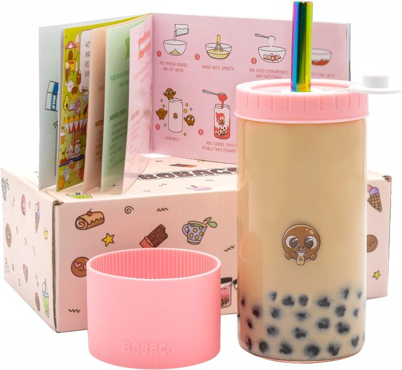 Photo 1 of Reusable Boba Cup with Straw, Bubble Tea Cup with Recipe Book, Reusable Boba Cups with Lids, Boba Tumbler, Boba Tea Cup and Boba Jar, Bubble Tea Gift Set with Cup 17 ounce… (Pink Blossom, 20oz)
