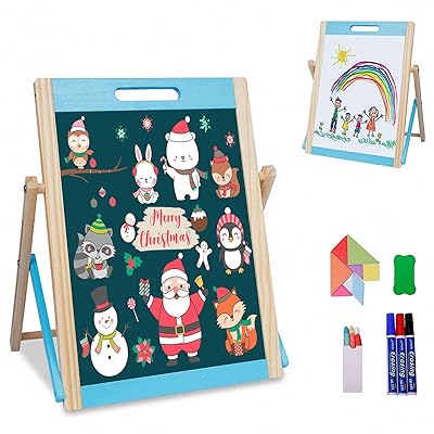 Photo 1 of Arkmiido Kids Tabletop Easel Wooden Portable Art Easel for Toddlers Magnetic Chalkboard &amp; Whiteboard Multiple-Use Easel Double Sided with Chalk, Markers, Eraser for Children 
