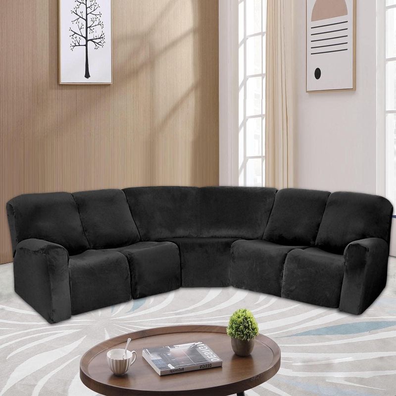 Photo 1 of 7-Piece L Shape Velvet Stretch Recliner Corner Sofa Cover for Sectional Sofa Set, for Reclining L Shape Sofa Slipcovers Thick, Soft, Washable Durable Furniture Protector (Black)
