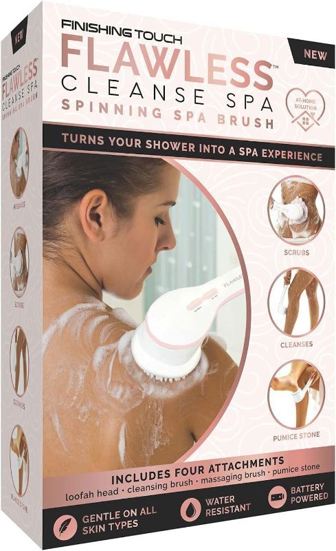 Photo 2 of Flawless Cleanse Spa Shower Wand - Cordless Spinning Bath Brush with 4 Attachments - Loofah, Cleansing, Massage, Pumice Stone Heads