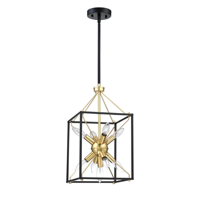Photo 1 of 10 in. 9-Light Modern Rectangle Lantern Pendant Light with Matte Black Finish and Gold Accents