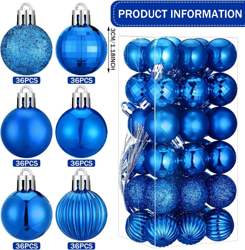 Photo 1 of Shappy 216 Pcs Mini Christmas Ball Ornament 1.18" Christmas Tree Decorations 6 Styles Small Christmas Shatterproof Ball with Hanging Loop for Holiday Party Wreath Xmas Tree Decor (Royal Blue)