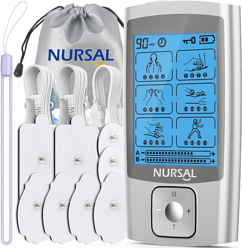 Photo 1 of TENS Unit Muscle Stimulator for Pain Relief Therapy, NURSAL 24 Modes Dual Channels EMS TENS Machine, Rechargeable Electric Pulse Massager Device with 8 Electrode Replacement Pads, 90minus Timer