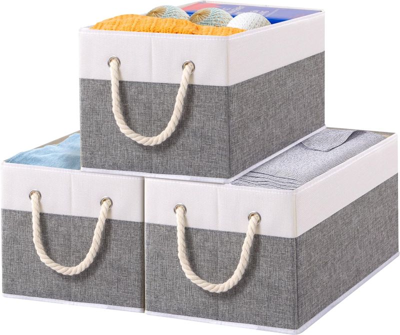 Photo 1 of Yawinhe Foldable Storage Basket 3-Pack, Large Fabric Storage Bins with Rope Handle, Used for Organizing Shelves, Closets, Clothes Storage Box, 12.99''Lx9.05''Wx7.87''H, White/Grey