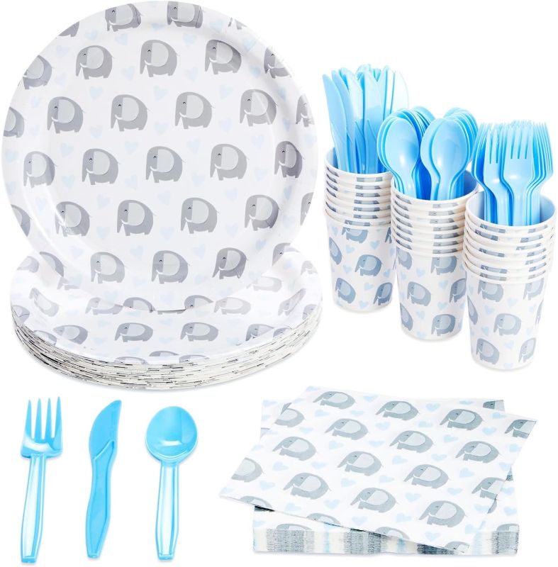 Photo 1 of BLUE PANDA Elephant Baby Shower Decorations for Boy Theme, Baby Boy Birthday Party Supplies With Paper Plates, Napkins, Cups, and Cutlery (Serves 24 Guests, 144-Piece Set)