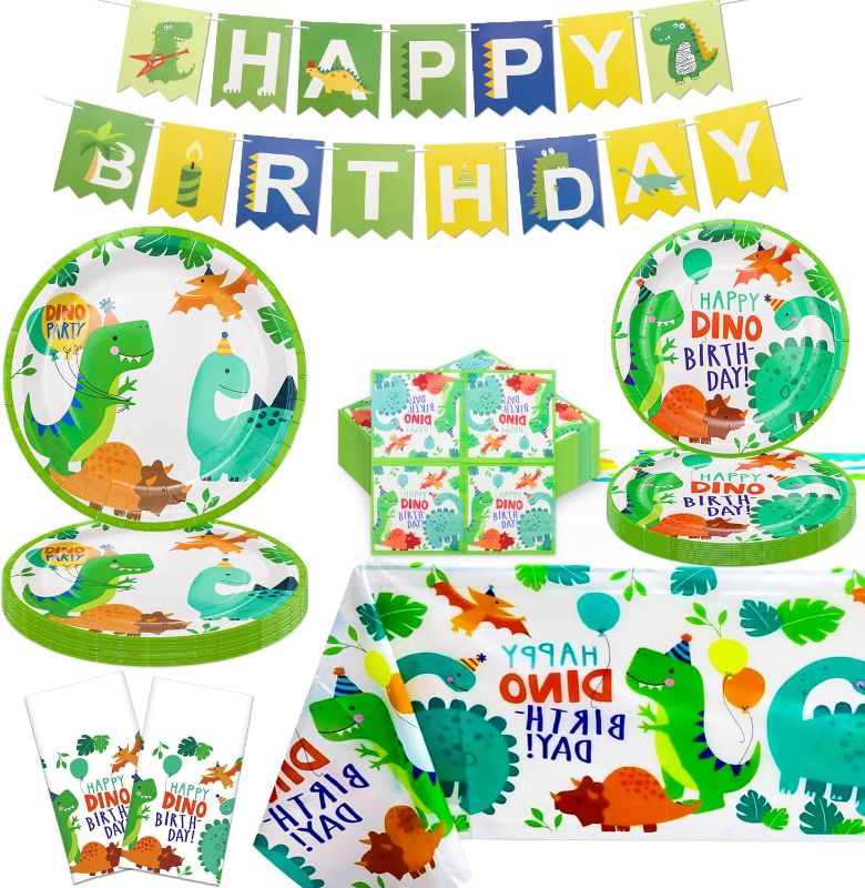 Photo 1 of Dinosaur Party Supplies Dino Birthday Party Decorations Set Dinosaur Themed Happy Birthday Supplies Include Plates, Napkins, Birthday Banner, Party Tablecloth