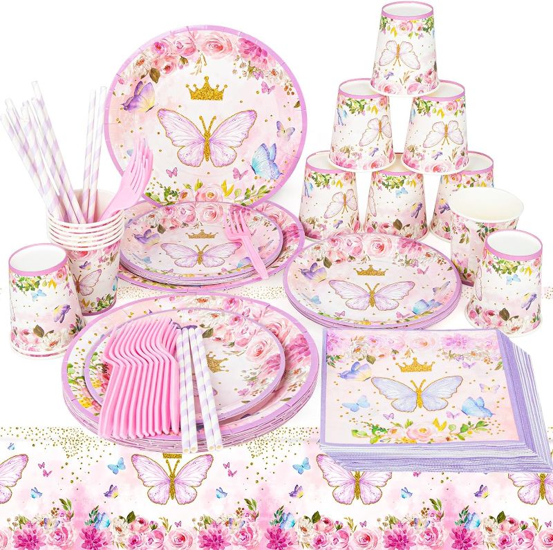 Photo 1 of Butterfly Plates Napkins Cups Decorations Butterfly Birthday Shower Party Supplies Tableware Set Disposable Plates Cups Tablecloth for Girls Spring Party Decoration