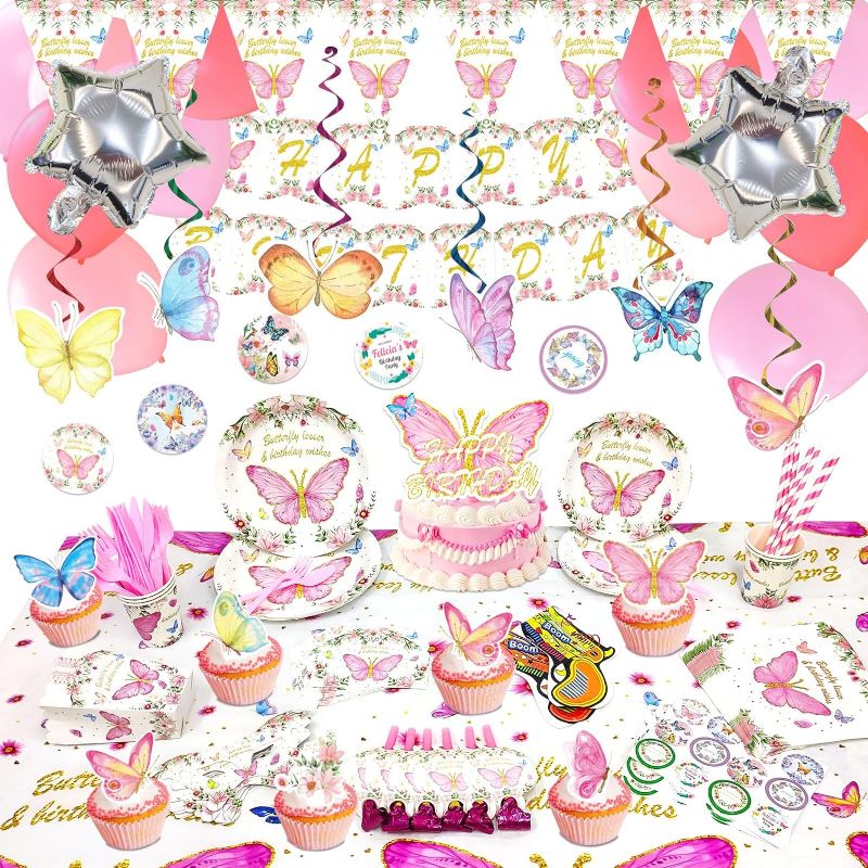 Photo 1 of VEWIOR Butterfly Party Supplies Tableware Set
8 Invitation Cards, 10 Pack Straws, 10 pack cups,10 knives, 10 forks, 10 spoons, 10 7" Plates, 10 9" Plates, 10 paper cups, 10 pennants, 4 firework Pistol, 18 latex Balloons, 10 theme mask