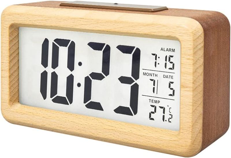 Photo 1 of Wooden Digital Alarm Clocks for Bedrooms Battery Operated, Wooden LCD Digital Clock with Smart Sensor Night Light, Temperature Detect, Snooze Function