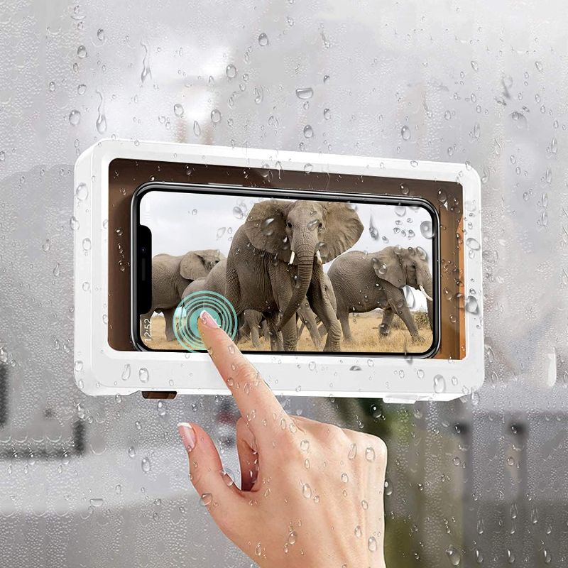 Photo 1 of Shower Phone Holder Waterproof Wall Mount, Bathroom Case Mounted Shelf Stand Suction Cup, Adhesive Touchable Phone Cradle with Glass Mirror Anti-Fog Screen for Bathtub Kitchen White