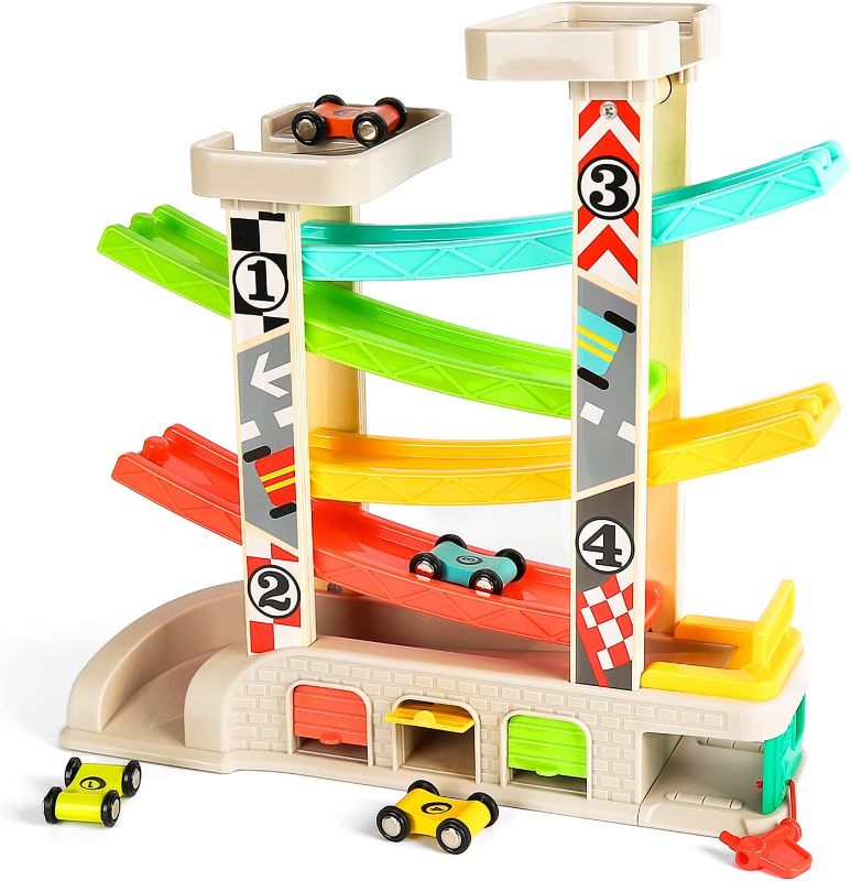 Photo 1 of TOP BRIGHT Montessori Toys for 2 3 Year Old Boy Toddlers, Car Ramp Toys, Birthday Gifts for Ages 2-4, Wooden Race Track Car Ramp with 4 Car, 1 Parking Lot & 4 Gas Station