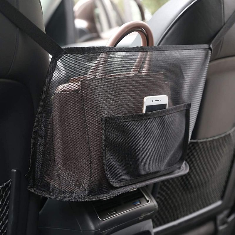 Photo 1 of Car Net Pocket Handbag Holder, Seat Back Organizer Mesh Large Capacity Bag, Driver Storage Netting Pouch for Purse Between Two Seat, Barrier of Backseat Pet Kids
