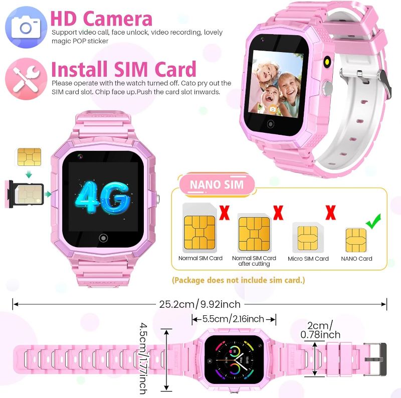 Photo 1 of (Only Includes Watch)4G GPS Smartwatch for Girls Boys, Children's Mini Cell Phone with Calling, SOS, GPS, Camera, Flashlight, 2-Style Cartoon Straps Life Water Resistant for 3-12 Years Kids Birthday Xmas Gift (T32-Pink)