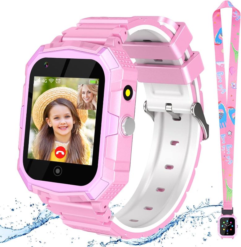 Photo 1 of 4G GPS Smartwatch for Girls Boys, Children's Mini Cell Phone with Calling, SOS, GPS, Camera, Flashlight, 2-Style Cartoon Straps Life Water Resistant for 3-12 Years Kids Birthday Xmas Gift (T32-Pink)