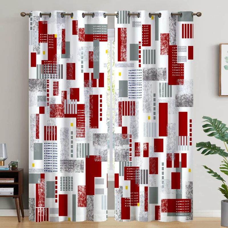 Photo 1 of Blackout Curtains Red Grey Geometric Curtains, 84 inches Long, Modern Abstract Window Curtains, 2 Panel Set, Curtains for Bedroom Living Room, 104 Inch Wide (Red,84Inch)