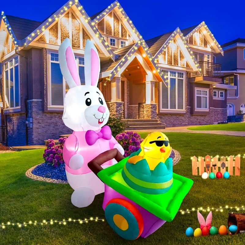 Photo 1 of 6 Ft Inflatable Yard Decoration for Easter, SHDEJTG Easter Bunny Push Trolley Blow Up Easter Outdoor Decoration for Party Yard Garden Lawn