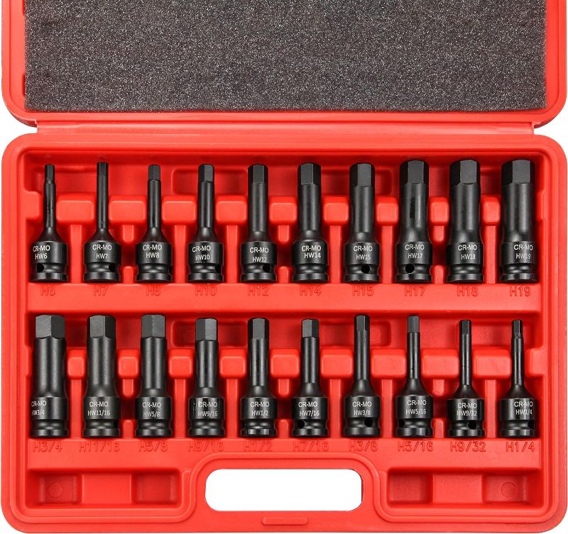 Photo 1 of C&T 20 Piece 1/2" Drive Master Impact Hex Driver Set, SAE Metric Hex Head Impact Driver Bit Set 1/4" - 3/4", 6mm - 19mm, Cr-Mo Steel Drive Allen Bit Socket Set with Dual Size Markings and Storage Case