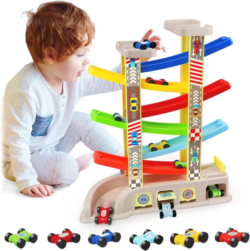 Photo 1 of Montessori Toys for 2 3 Year Old Boys Toddlers, Car Ramp Toys with 6 Cars & Race Tracks, Garages and Parking Lots, Ramp Racer Toy Gift for Boys Girls Age 18 Months and Up, Multicolor