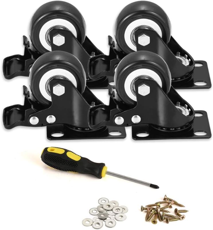 Photo 1 of 2" Caster Wheels, Heavy Duty Casters with Brake Set of 4, Locking Casters with 360 Degree No Noise Polyurethane (PU) Wheels, Swivel Plate Castors Pack of 4