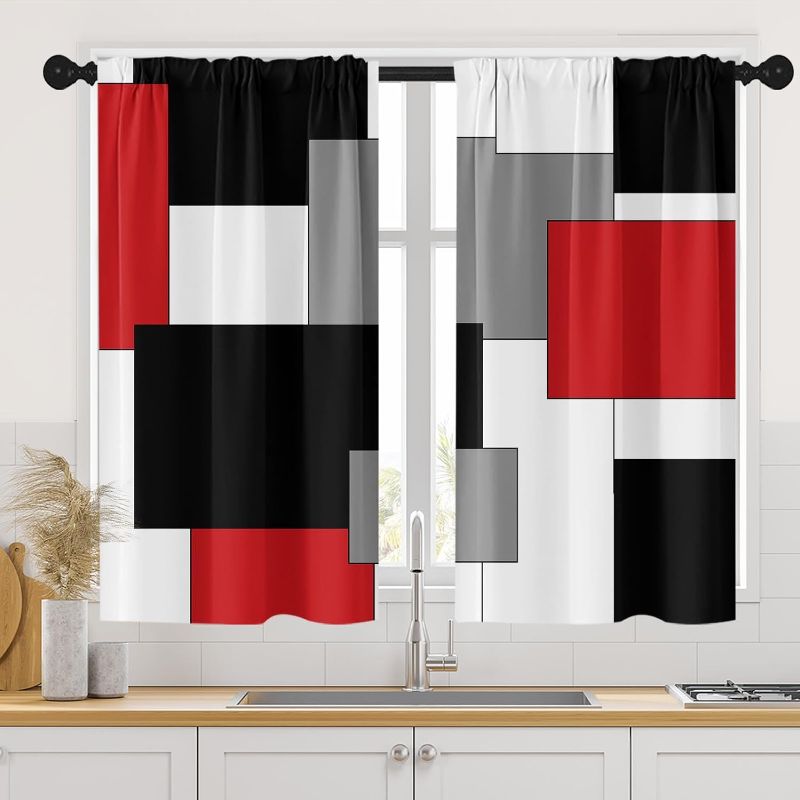 Photo 1 of Red Kitchen Curtains 45 Inch Length Black Grey White Window Curtains Over Sink Set of 2, Modern Short Tier Curtain for Kitchen, Abstract Geometric Art Kitchen Decor 42x45 Inch