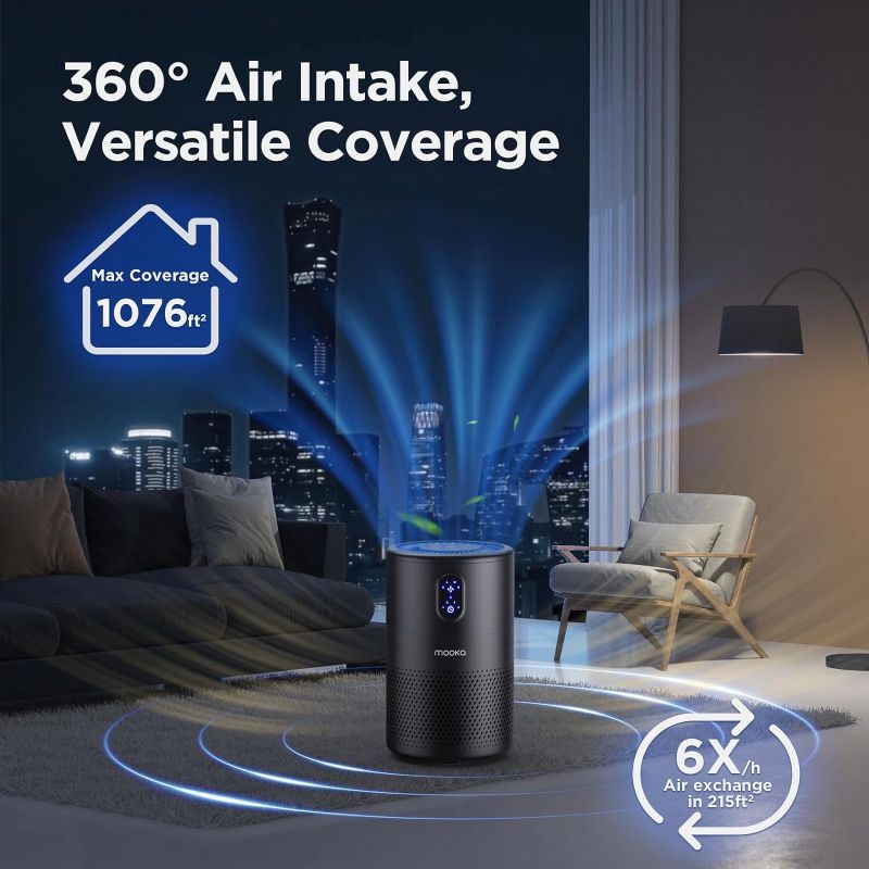 Photo 1 of Air Purifiers for Home Large Room up to 1076ft², H13 True HEPA Air Filter Cleaner, Odor Eliminator, Remove Smoke Dust Pollen Pet Dander, Night Light, Black