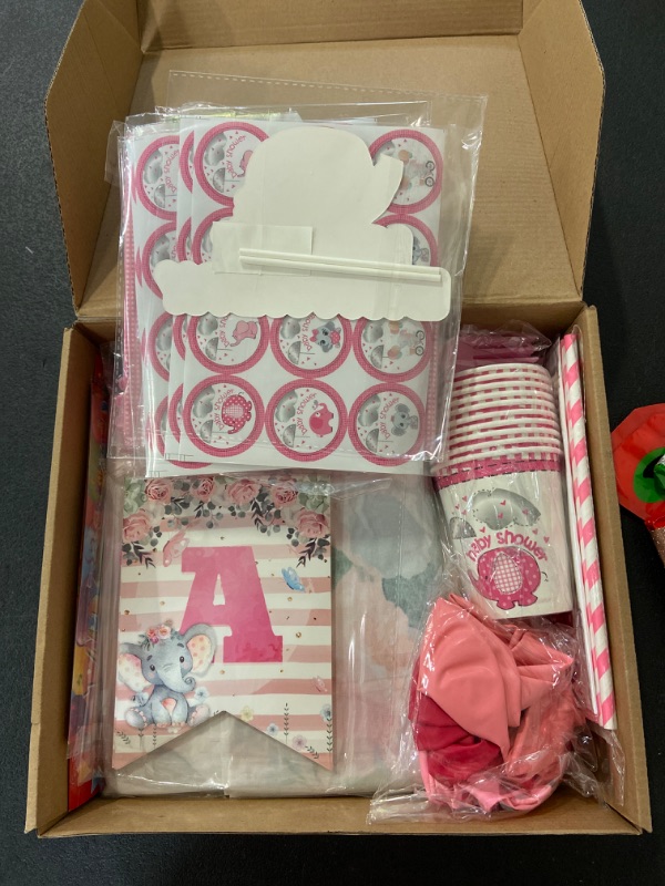Photo 1 of Pink Elephant Baby Shower Party Supplies for Girls- Includes 228pcs Decorations, Tableware, and Party Favors for 10 Guests