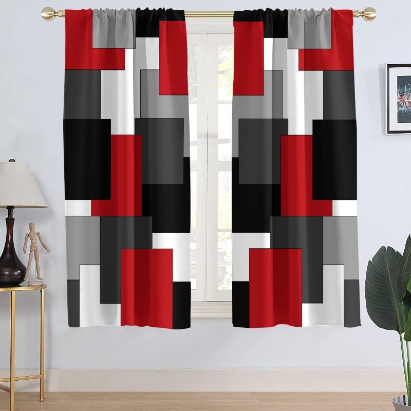 Photo 1 of AAtter Red and Black Window Curtain Grey Gray White Multicolor Geometric Silver Dark Abstract Square Art Living Room Bedroom Window Drapes Treatment Fabric 1 Pair Home Decor, 42" W x 63" L, Modern