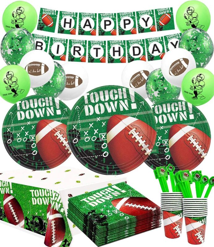 Photo 1 of Football Party Decorations Football Birthday Party Decorations Football Party Plates Napkins Cups Tablecloth Balloons Banner for Football Touchdown Game Day Tailgate Party Supplies