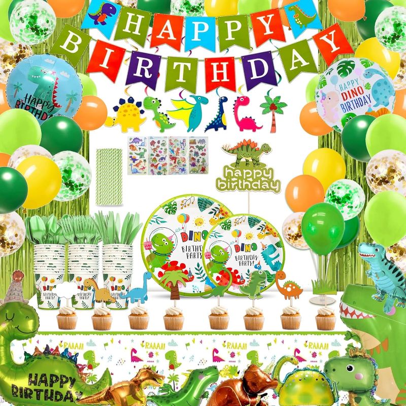 Photo 1 of Dinosaur Birthday Decorations, Dinosaur Birthday Party Supplies - Disposable Dinnerware Set with 25 Guest, Balloons, Banner, Fringe Curtain, Cake Toppers, Hanging Swirls, Tablecloth