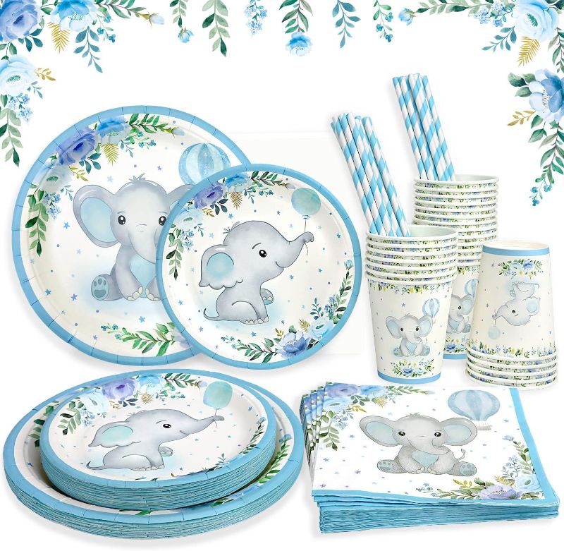Photo 1 of Miscellaneous Boy Elephant Baby Shower Plates Set Decorations for 25 Guests,Paper Plate Napkins Cups and Straws Disposable Tableware Blue Floral Theme Birthday Party Supplies
